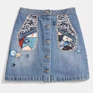 Coach NWOT 100% Cotton Denim Patchwork Button Up Sequin Embroidery Skirt- Size 4